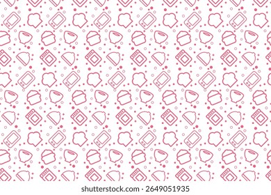 Seamless pattern of kitchen tools like oven, pot, bowl, and chef hat. Perfect for packaging, fabric, wallpaper, and culinary design projects.