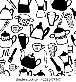 Seamless pattern with kitchen tools in sketch style. Set of hand drawn kitchen objects isolated on white background. Ink illustration. Silhouette elements.