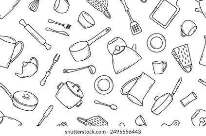 Patrón sin fisuras de herramientas de cocina y vajilla doodle icono. Ilustración vectorial conjunto de Elementos cocinar. Fondo de pantalla de fondo.