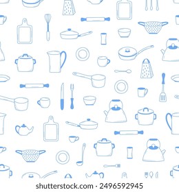 Patrón sin fisuras de herramientas de cocina y vajilla doodle icono. Ilustración vectorial conjunto de Elementos cocinar. Fondo de pantalla de fondo.