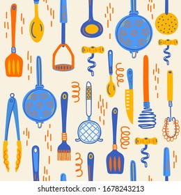 Diseño sin problemas con utensilios de cocina y electrodomésticos. Ilustración escandinava de elementos de cocina en estilo plano. Gracioso cliparte de caricatura con utensilios de cocina hechos a mano. Pieza de doodle vectorial.