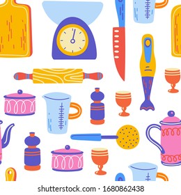 Seamless pattern with kitchen utensil and appliance. Scandinavian illustration of kitchen elements in flat style. Cartoon texture with hand drawn food preparation, kitchenware. Vector doodle clipart.