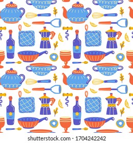 Seamless pattern with kitchen utensil and appliance. Scandinavian illustration of kitchen elements in flat style. Cartoon texture with hand drawn food preparation, kitchenware. Vector doodle clipart.