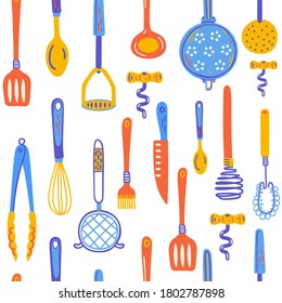 Seamless pattern with kitchen utensil and appliance. Scandinavian illustration of kitchen elements in flat style. Funny cartoon clipart with hand drawn kitchenware. Vector doodle clipart.