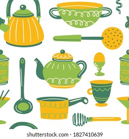 Seamless pattern with kitchen utensil and appliance. Scandinavian illustration of kitchen elements in flat style. Cartoon texture with hand drawn food preparation, kitchenware. Vector doodle clipart.