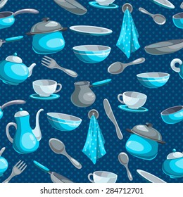 Seamless pattern with kitchen utensil in blue colors