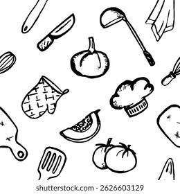 Seamless pattern kitchen utensil. Cartoon style.Hand draw pencil texture. Vector, isolated.