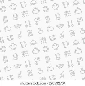 Seamless pattern of kitchen utensil and cooking related object outlines.