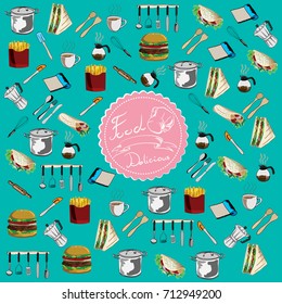 Seamless Pattern of kitchen utensil and food background