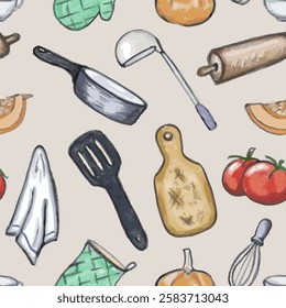 Seamless pattern kitchen utensil. Hand draw pencil texture. Vector, isolated.