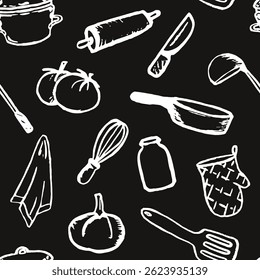 Utensílios de cozinha padrão sem costura. Textura de giz de desenho à mão. Vetor, isolado.