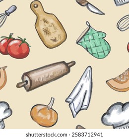 Seamless pattern kitchen utensil on beige background. Hand draw pencil texture. Vector, isolated. Artistic, abstrakt.