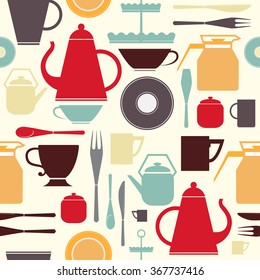 Seamless pattern with kitchen utensil for tea and coffee