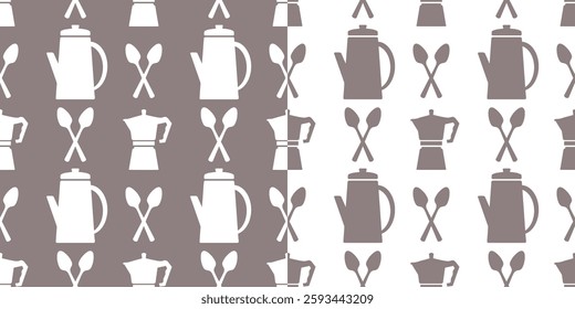 Seamless pattern with kitchen utensils. Background with coffee makers, teapots and spoons. Monochrome print.