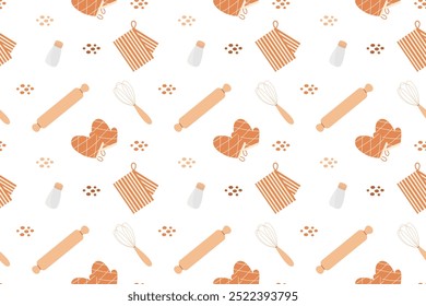 Seamless pattern with kitchen utensils. Baking tools, rolling pin, whisk, potholders, towel. Kitchenware background. Flat, vector pattern.