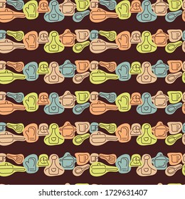 Seamless pattern kitchen utensils. Contour Cutlery and abstract spots. Design of the menu, recipe, poster. Vector illustration