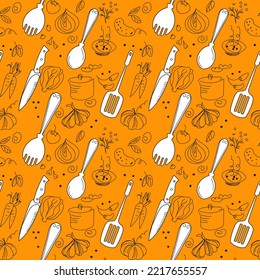 seamless pattern with kitchen utensils and contours of products on an orange background