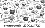 Seamless pattern with kitchen utensils for cooking. Cooking pot, mortar and pestle, saucepan, spatula, measuring cup. Sketch style peeler, knife, whisk, salt jar, pepper shaker, frying pan. Background