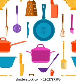 Seamless Pattern With Kitchen Utensils. Cooking Tools For Home And Restaurant.