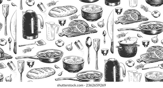 Seamless pattern with kitchen utensils for cooking. Hand drawn kettle, spoons, knife, spatula, pot, frying pan, measuring cup, roast beef on cutting board isolated on white background. Illustration