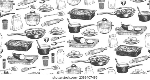 Patrón sin foco con utensilios de cocina. olla de cocina, cacerola, empaque de especias, agitador de pimienta, sartén, alfiler, tabla de corte, cuchara aislada en blanco. Ilustración dibujada a mano. Artículos de cocina. Antecedentes