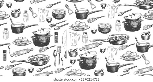 Seamless pattern with kitchen utensils for cooking. Cooking pot, mortar and pestle, saucepan, spatula, measuring cup. Sketch style peeler, knife, whisk, salt jar, pepper shaker, frying pan. Background