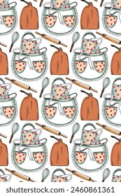 Seamless pattern with kitchen utensils. Cooking apron, rolling pin, cutting board, whisk. All objects are hand-drawn in vector colors of brown, red and black. For printing on fabric, paper, design.