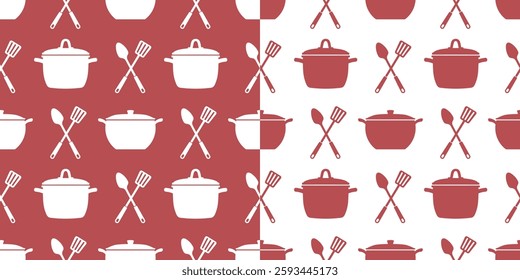 Seamless pattern with kitchen utensils. Cooking seamless pattern. Background with pots, spatulas and spoons. Monochrome print.