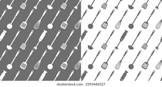 Seamless pattern with kitchen utensils. Cooking seamless pattern. Background with blenders, whisks, spatulas and spoons. Monochrome print.