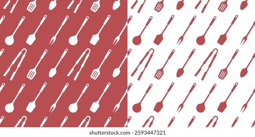 Seamless pattern with kitchen utensils. Cooking seamless pattern. Background with tongs, spatulas and spoons. Monochrome print.