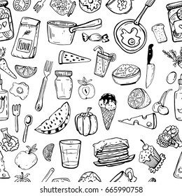 Seamless pattern of kitchen utensils and cooking objects.
