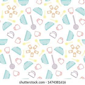 Seamless pattern of kitchen utensils. Cookware, home cooking background. Kitchenware. Modern design. Vector illustration.