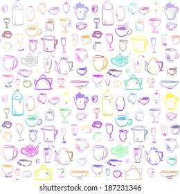 Seamless pattern with kitchen utensils. Cups, pots. Doodle set. 