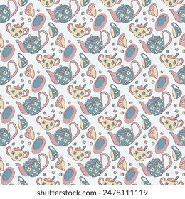 Seamless pattern with kitchen utensils. Cups, teapot, sugar bowl, saucer, sugar. Delicate color combination. Vector illustration