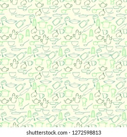 Seamless pattern with kitchen utensils. Cutting board, skimmer, pan, cooking measure. Hand drawn vector background.