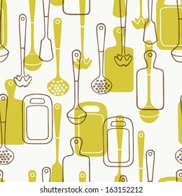 Seamless pattern with kitchen utensils. Cutting board, skimmer, spatula. Hand drawn vector background.