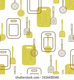seamless pattern with kitchen utensils, cutting board, skimmer and spatula in vector isolated on white background