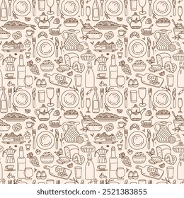 Patrón sin fisuras con utensilios de cocina y deliciosa comida. Fondo de cocina de Ilustración vectorial