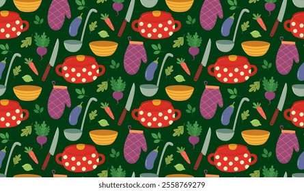 Seamless pattern with kitchen utensils and dishes, vegetables, fruits and greens. Green culinary background