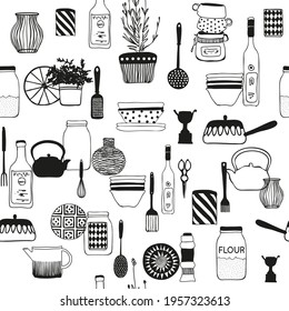 Seamless pattern of kitchen utensils and dishes,vector illustration.