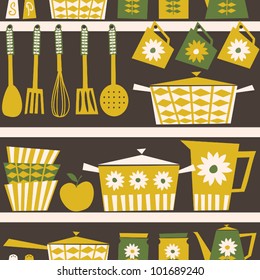 Seamless pattern with kitchen utensils and dishware in retro style.