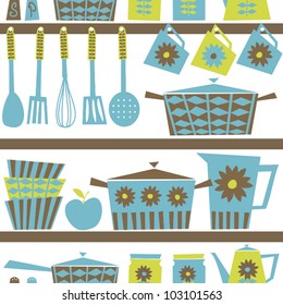 Seamless pattern with kitchen utensils and dishware in retro style.