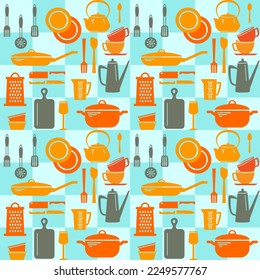 Seamless pattern of kitchen utensils, flat vector design. 