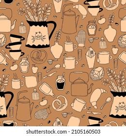 Seamless pattern with kitchen utensils and food. Kitchenware, kettles and a saucepan, preparation of food and drinks on brown background. Vector illustration. Outline drawn doodles linear style