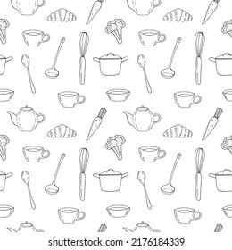 Seamless pattern kitchen utensils and food vector illustration, hand drawing doodles