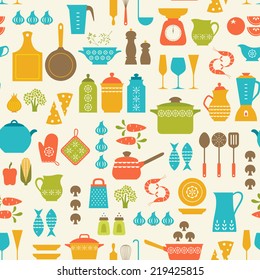 Seamless pattern with kitchen utensils and food.