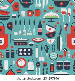 Seamless pattern of kitchen utensils and food. Cookware, home cooking background. Kitchenware. Modern design. Vector illustration.