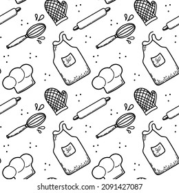 A seamless pattern of kitchen utensils. Hand-drawn vector. Cook's cap, apron and mittens. Dough tools. Doodle sketch style vector.