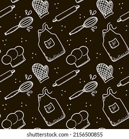 Patrón sin inconvenientes de los utensilios de cocina. Vector dibujado a mano. La gorra, el delantal y los guantes de Cook. Herramientas para tos. Dibujo vectorial de estilo Doodle sobre fondo negro.