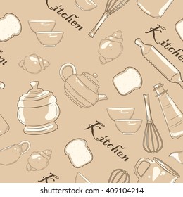 Seamless pattern of kitchen utensils. Hand-drawn selection of dishes